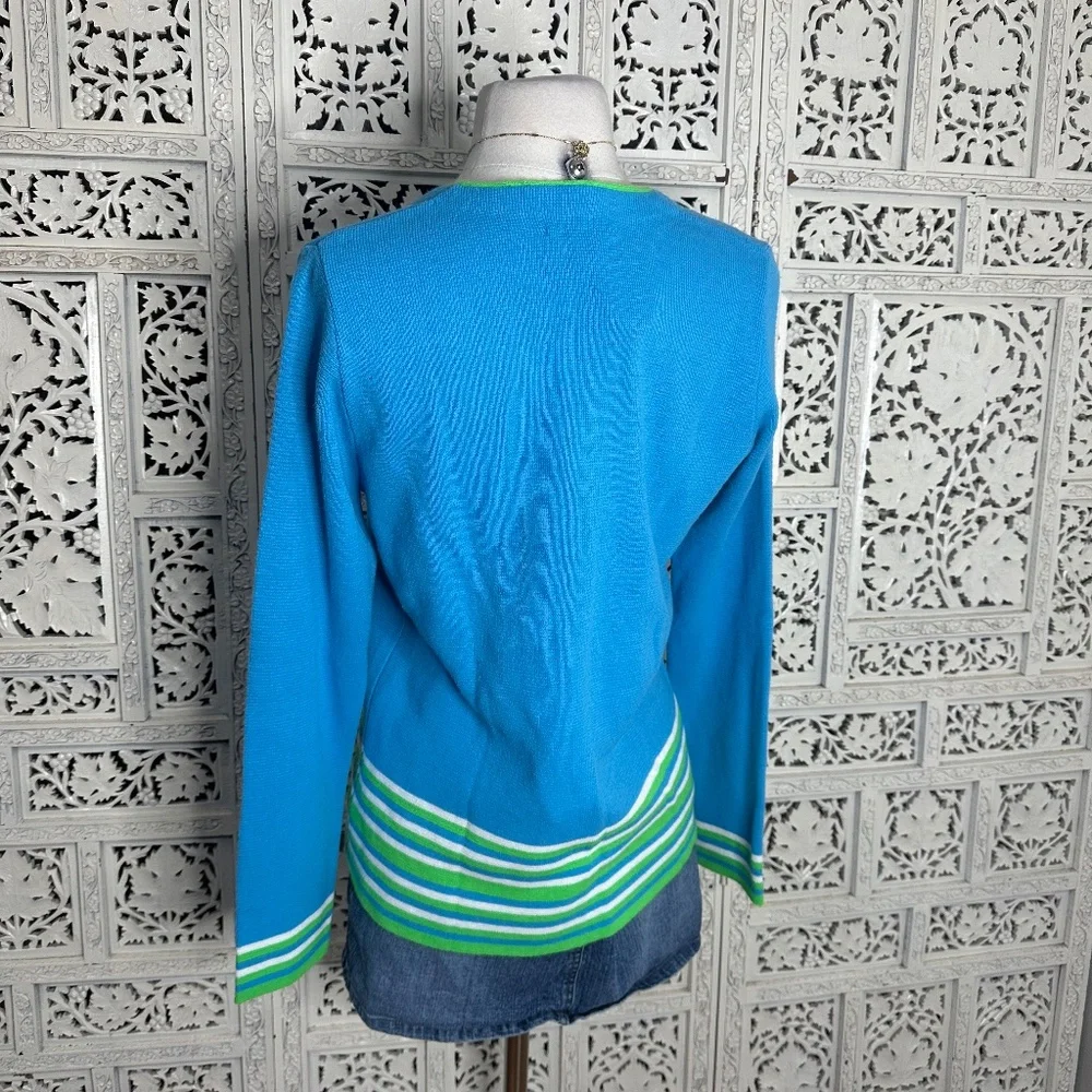 Vintage 70's Haymaker Blue‎ 7 Green Striped Preppy Golf Button Up Cardigan Sz M
